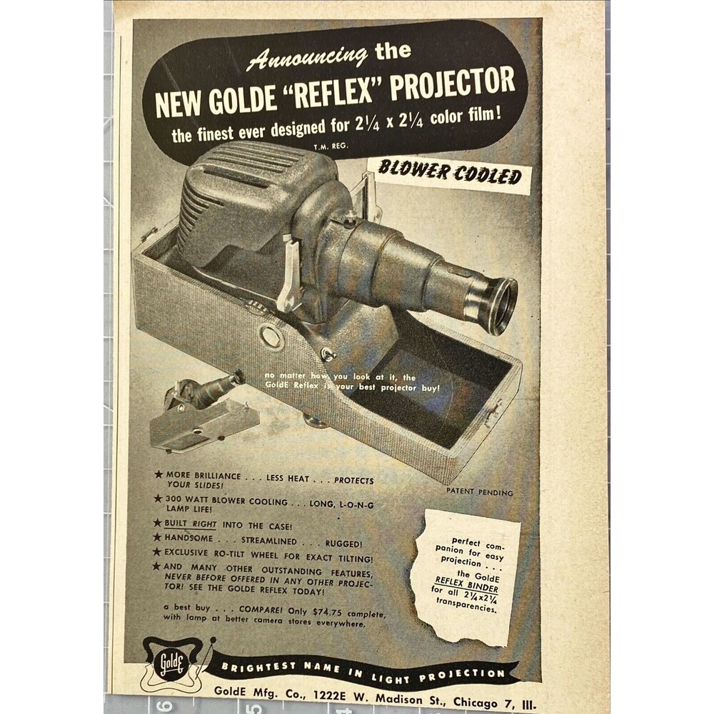 GoldE Manufacturing Co. New "Reflex" Projector - Blower Cooled Vtg Print Ad 1949